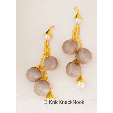 Grey Art Silk Fabric Balls Bunch Beaded Tassels, Latkan, Embellishments